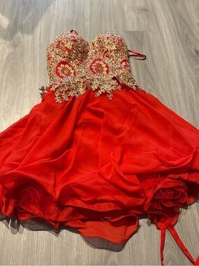 Red Strapless Mini Dress with Gold Beaded Bodice